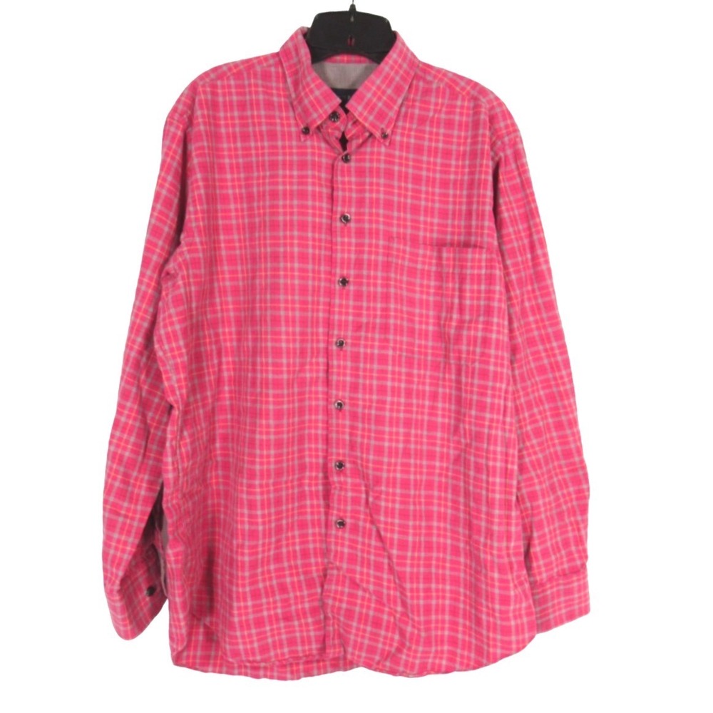 SCOTT BARBER Dark Pink/Gray PLAID Twill 1-POCKET Long Sleeve BUTTON-UP SHIRT L